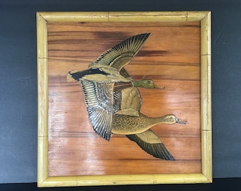 Vintage Ducks in Flight Gordon Ertz Wood Panel Framed Wildlife Artwork