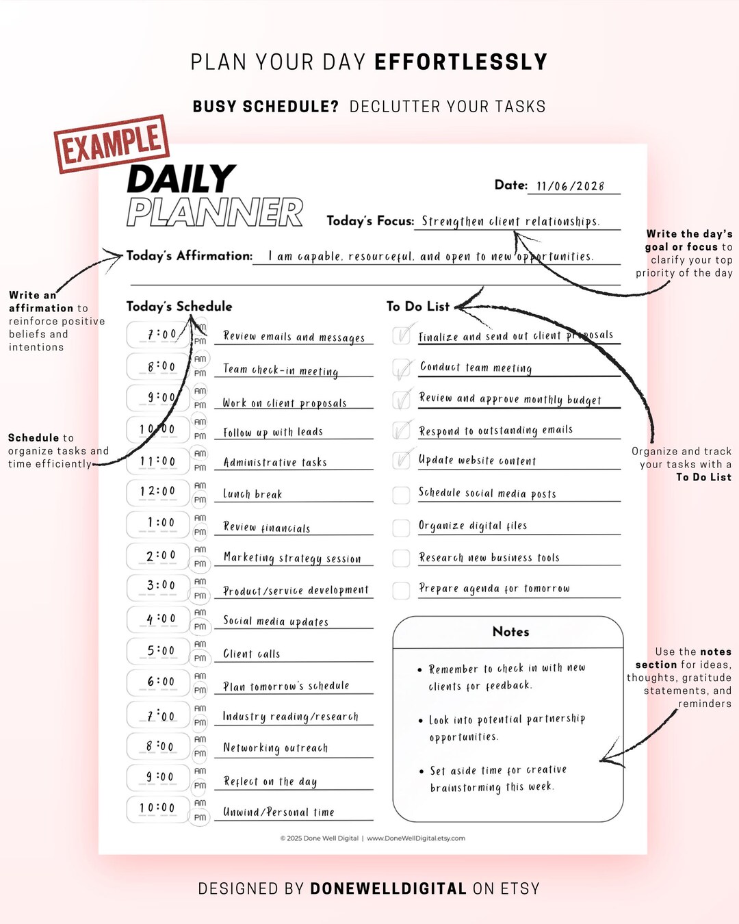 Minimalist Daily Planner Printable, Fillable PDF | Daily To-do List ...