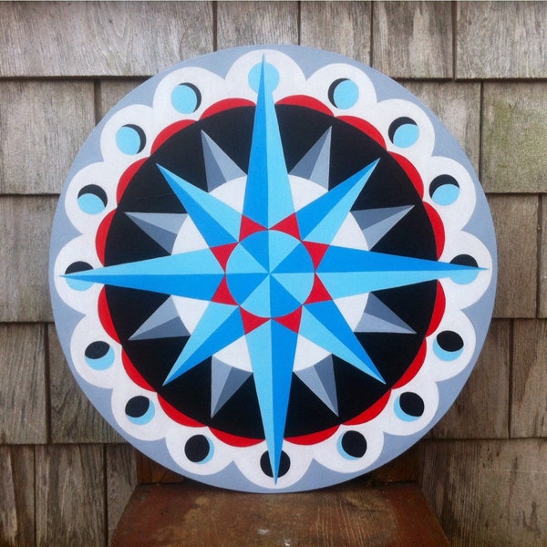 Compass Rose Moon Phase Hex Sign PA Dutch Style - promoting clear navigation, smooth sailing, and creativity.