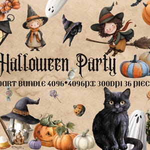 Op de afbeelding: Watercolor Halloween-thema clipartbundel met pompoenen, heksen, zwarte katten, geesten, snoep en de tekst "Halloween Party". De illustraties zijn in warme kleuren en hebben een vintage, grillige stijl. Bevat 36 stuks.