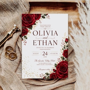 Red Rose Wedding Invitation Editable Template, Burgundy Floral Canva Invite, Romantic Elegant Suite