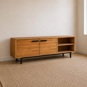 May include: A rectangular wooden media console featuring two cabinet doors with black horizontal handles and an open shelving unit on the right side with one shelf. The unit is supported by four thin black metal legs.
