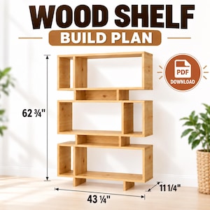 Puede incluir: Un plano de construcción de estantería de madera con un icono de descarga PDF. La estantería de madera clara tiene un diseño asimétrico con múltiples compartimentos rectangulares. Las dimensiones son 159,4 cm de alto, 109,9 cm de ancho y 28,6 cm de fondo.