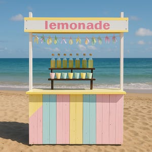 Könnte beinhalten: Ein farbenfroher Limonadenstand an einem Sandstrand. Der Stand ist in Pastellfarben gestrichen und trägt das Wort "lemonade" in Rosa. Er enthält Limonadenflaschen und bunte Becher, mit dekorativen Papierauschnitten darüber.