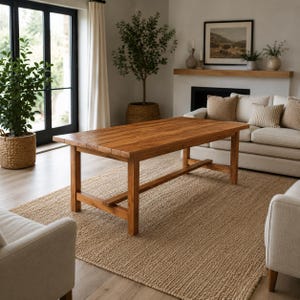 Op de afbeelding: Een rechthoekige houten eettafel met een natuurlijke bruine afwerking, voorzien van een tafelblad in plankstijl en vier stevige poten die aan de basis verbonden zijn door horizontale steunbalken, in een lichte woonruimte.