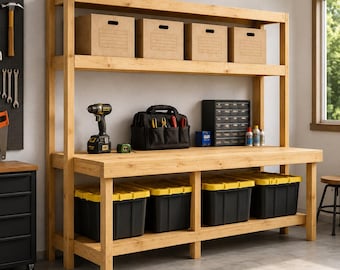 Doe-het-zelf werkbank met opbergkast - Bouwtekeningen PDF | Werkbank voor garage/werkplaats | 241 cm breed | Direct downloaden