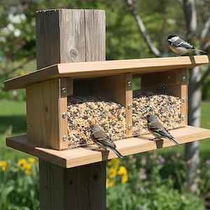 May include: A wooden bird feeder with two seed compartments and a roof, mounted on a wooden post. The feeder is filled with birdseed and has several birds perched on it. The background includes green grass and trees.
