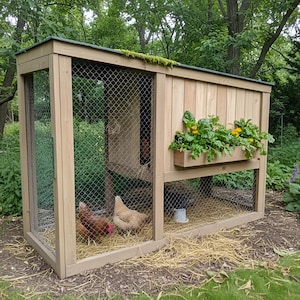 May include: A wooden chicken coop with wire mesh sides and a sloped roof. A planter box with yellow and green plants is attached to the side. Two chickens are inside the coop, which is set in a garden.
