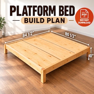 May include: A light-coloured wooden platform bed frame with visible grain, featuring dimensions of 214.6 cm by 204.5 cm and a height of 25.4 cm. The text reads PLATFORM BED BUILD PLAN and PDF INSTANT DOWNLOAD.