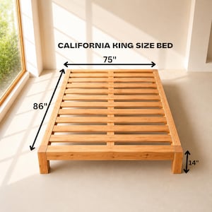 May include: A light brown wooden platform bed frame with a slatted base. The text CALIFORNIA KING SIZE BED is visible. Dimension arrows indicate a width of 75 inches, a length of 86 inches, and a height of 14 inches for the bed frame structure.