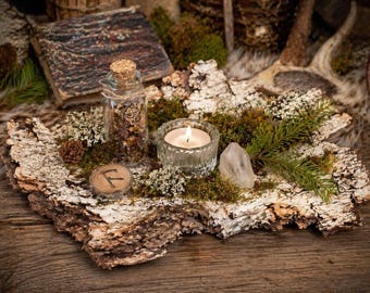 Ritualplatte Birkenrinde mit Teelicht | Forest Altar Decor | Waldlicht Unikat
