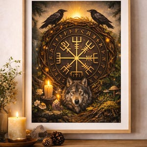 Vegvisir Viking Protection Symbol – Norse Rune Wall Art – Nordic Pagan Decor – Wolf Viking Poster – Digital Download