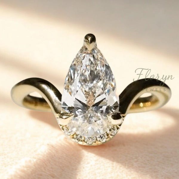 Anillo de compromiso curvo con diamante cultivado en laboratorio de talla pera de 1,5 quilates, solitario de oro amarillo de 14 k, anillo de diamante en forma de pera con certificación IGI, banda ondulada