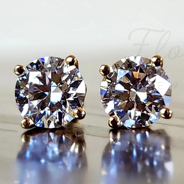 Aretes de diamantes de 2 quilates, redondos, cultivados en laboratorio, con engaste de oro de 14 k.