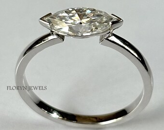 Anillo de compromiso solitario con diamantes cultivados en laboratorio de talla marquesa, engaste este-oeste, anillo de medio bisel de oro macizo de 14 k