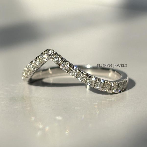 Alianza de boda de diamantes, alianza curva en forma de V con diamantes cultivados en laboratorio, anillo de media eternidad, alianza de oro de 14 quilates con diseño de chevrón, alianza a juego, alianza de diamantes antigua.
