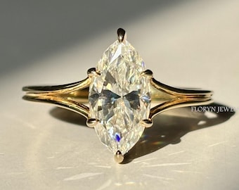 Anillo de compromiso solitario con talla marquesa, anillo con diamante cultivado en laboratorio certificado por IGI y brazo dividido, anillo de boda de oro amarillo de 14k.