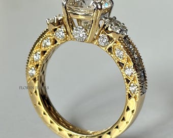 Anello di fidanzamento in oro giallo 18 carati con diamante rotondo da 2,50 ct in stile edoardiano antico vintage