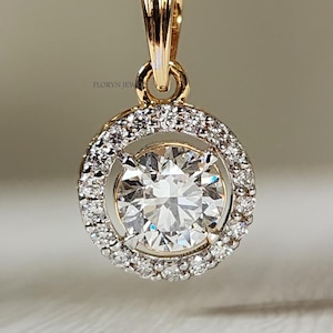 1.50 CT Round Lab Grown Diamond Pendant, Wedding Pendant Necklace For Women, 14K Yellow Gold Solitaire Diamond Halo Pendant