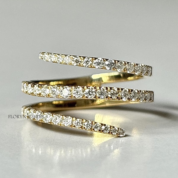 Anillo envolvente de triple fila, anillo espiral de diamantes cultivados en laboratorio en oro de 14 k, banda pavé enrollada para el dedo.