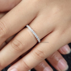 Round Cut Wedding Band, 1.8 mm Lab Grown Diamond Half Eternity Band, Stackable Ring, Matching Pave Wedding Band, 14k White Gold Promise Ring