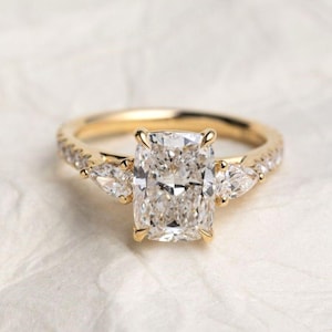 Elongated Cushion Cut Diamond Engagement Ring, IGI Certified Lab Grown Diamond Three Stone Ring, Unique Trilogy Pave Wedding Ring