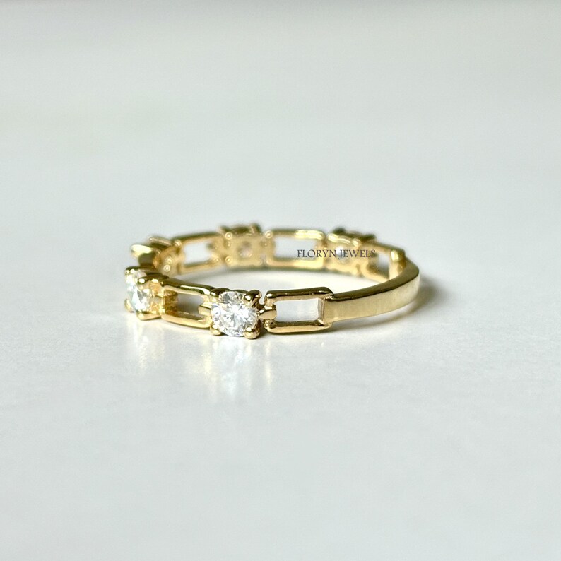 14k Solid Gold Chain Link Ring, Round Cut Lab Grown Diamond Interlink ...