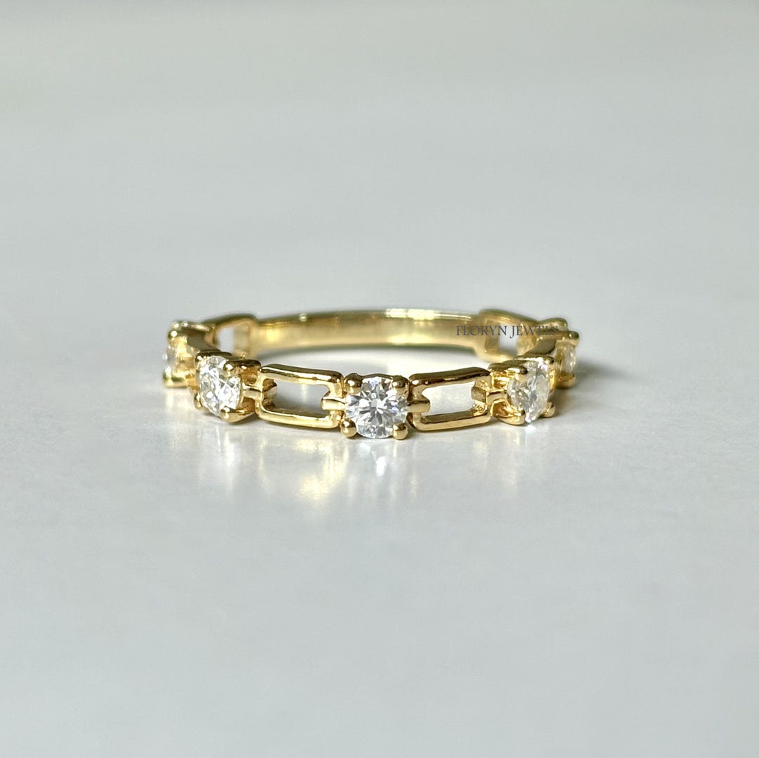 Interlinked Stackable Rings 14k Solid Gold Chain Link Ring, Round Cut Lab Grown Diamond Interlink ...