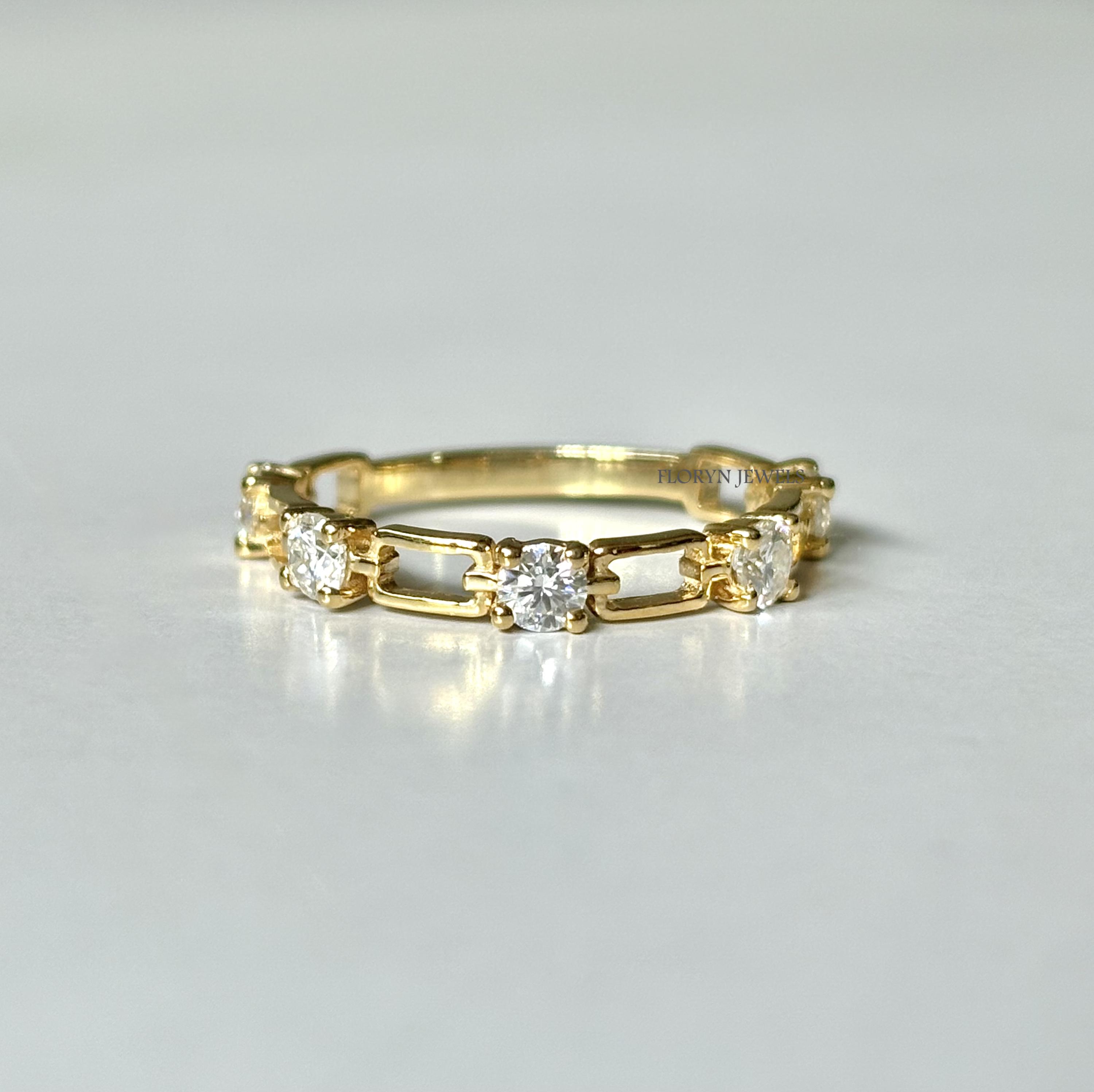 14k Solid Gold Chain Link Ring, Round Cut Lab Grown Diamond Interlink ...