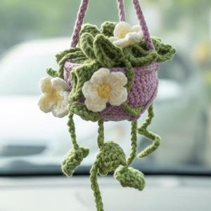 Crochet Hanging Car Plant Pattern PDF | Boho Amigurumi Car Mirror Decor Tutorial | Mini Potted Plant Crochet Pattern PDF Download