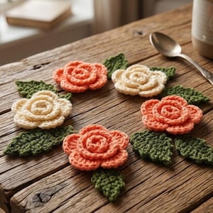Puede incluir: Flores de ganchillo en colores melocotón y crema con hojas verdes dispuestas sobre una superficie de madera. Las flores hechas a mano están en un patrón circular, con una cuchara y una taza en el fondo. Un artículo artesanal.