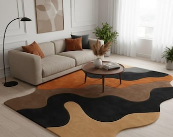 Modern Abstract Wavy Rug Irregular Orange Black Hand Tufted Wool Area Carpet
