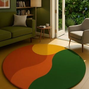 Modern Round Wool Carpet: Abstract Green, Orange, and Yellow Design