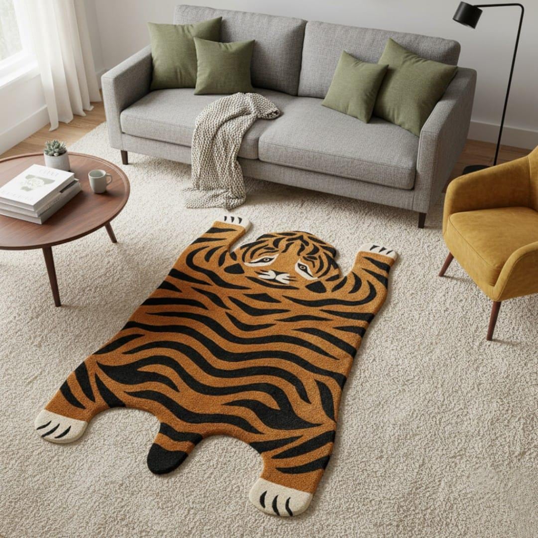 Sabertooth Tiger Rug Hand-tufted Tibetan Tiger Shaped Rug: Unique Wool Animal Area Carpet ...