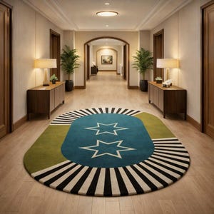 May include: Oval area rug with a blue center featuring two white star shapes. The rug has a green section and is bordered by black and white stripes. The rug is placed in a hallway with wooden floors and walls.