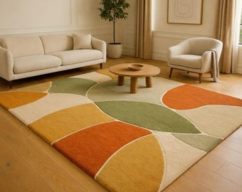 Modern abstract handgetuft wollen vloerkleed: kleurrijk geometrisch ontwerptapijt voor woonkamer