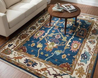 Traditional Blue Persian Area Rug, Vintage Floral Oriental Carpet for Living Room 6x9 8x10