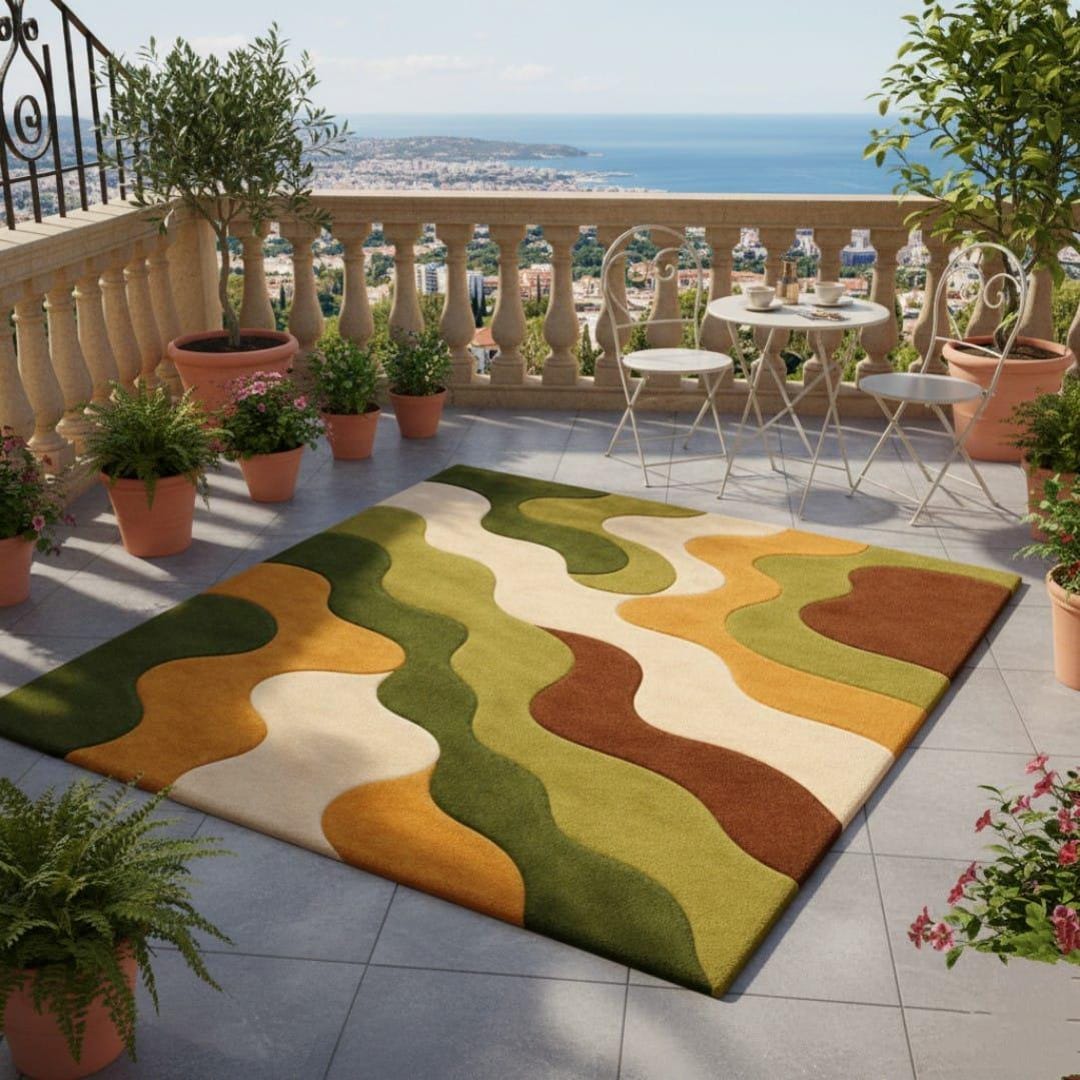 Retro Wavy Abstract Outdoor Rug Mid Century Modern Earthy Green Patio ...