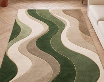 Modern Abstract Wavy Area Rug, Sage Green and Beige Tufted Living Carpet