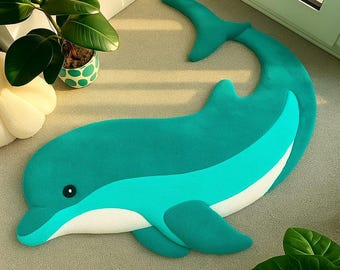 Unique Shaped Dolphin Tufted Rug Marine Animal Bedroom Floor Mat Ocean Decor 5x8