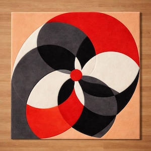 May include: A square rug with a geometric design. The rug features overlapping shapes in red, black, white, and grey, centered on a peach-coloured background. A small red circle is at the centre of the design.