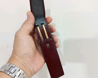 希少なアイグナー製ペンホルダー、マルーンブラウンレザー製、ペン1～2本用ポーチケース - VP746
