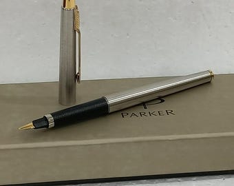 Pluma estilográfica Parker Classic Flighter vintage: acero inoxidable, detalles dorados, original - VP126