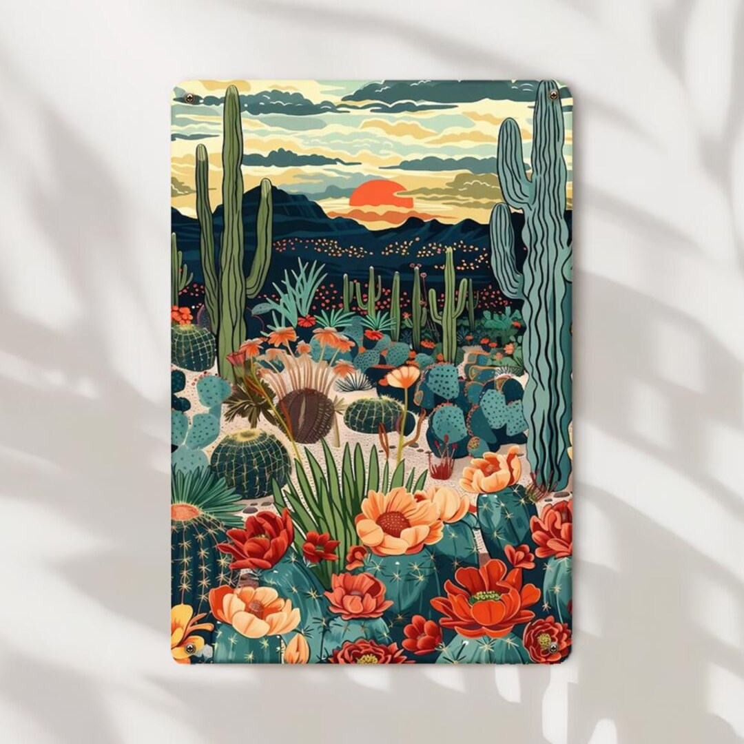 Rustic Cactus Sign Desert Cactus Metal Tin Sign,sunset Landscape Wall Decor,rustic ...