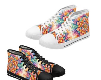 Colorful Mandala Pattern Women's High Top Sneakers | Boho Floral Art, Vibrant Rainbow