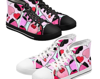Pink Heart Pattern High Top Sneakers | Valentine's Love Graphic Shoes