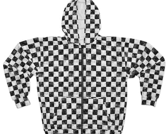 Schwarz und Weiß Schachbrett Zip Hoodie | Checker Muster Hoodie