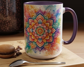 Colorful Mandala Watercolor Accent Mug | Coffee Mug 11oz 15oz