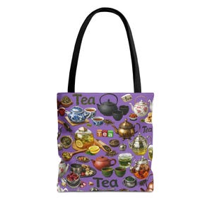 May include: A purple tote bag with a black handle, decorated with a collage of teapots, teacups, and tea-related items. The word "Tea" is printed in white on the bag. The design includes various teapots, tea cups, and tea accessories.