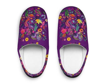 Paarse pantoffels met bloemen, kleurrijke botanische huisschoenen, boho-tuincadeau, gezellige pantoffels voor dames